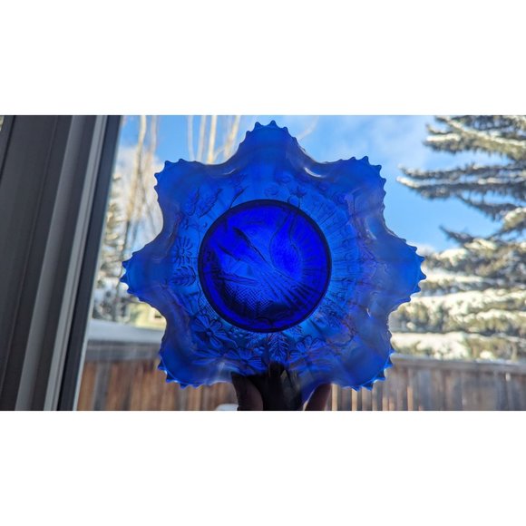 Vintage Northwood Peacocks on Fence Electric Blue Bowl Ruffle Sawtooth - Picture 5 of 16